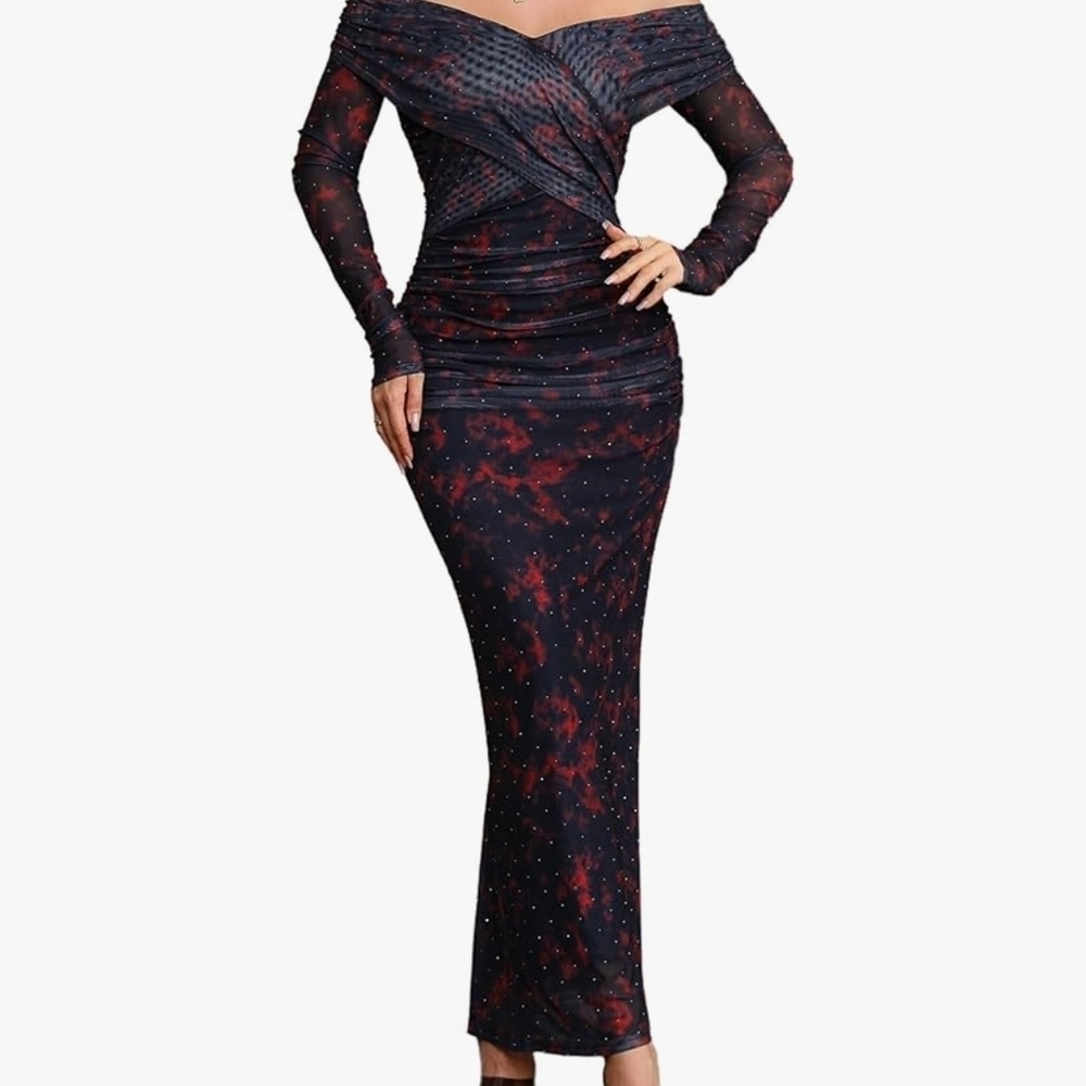 Women's Off The Shoulder Maxi Dress Long Sleeve Rhinestone Mesh Ruched